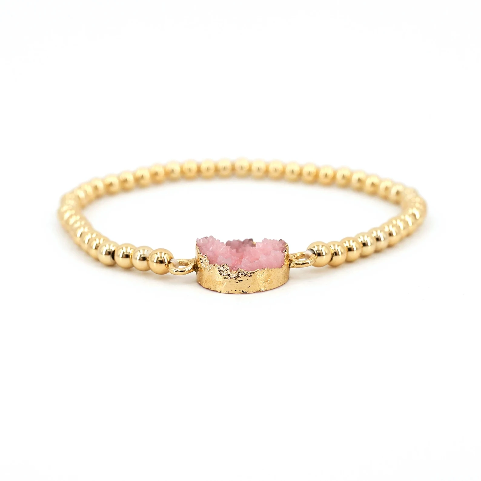 Custom Minimalist Stretch Jewelry For Women Healing Quartz Crystal Natural Druzy 18K Gold Filled Stainless Steel Beaded Bracelet