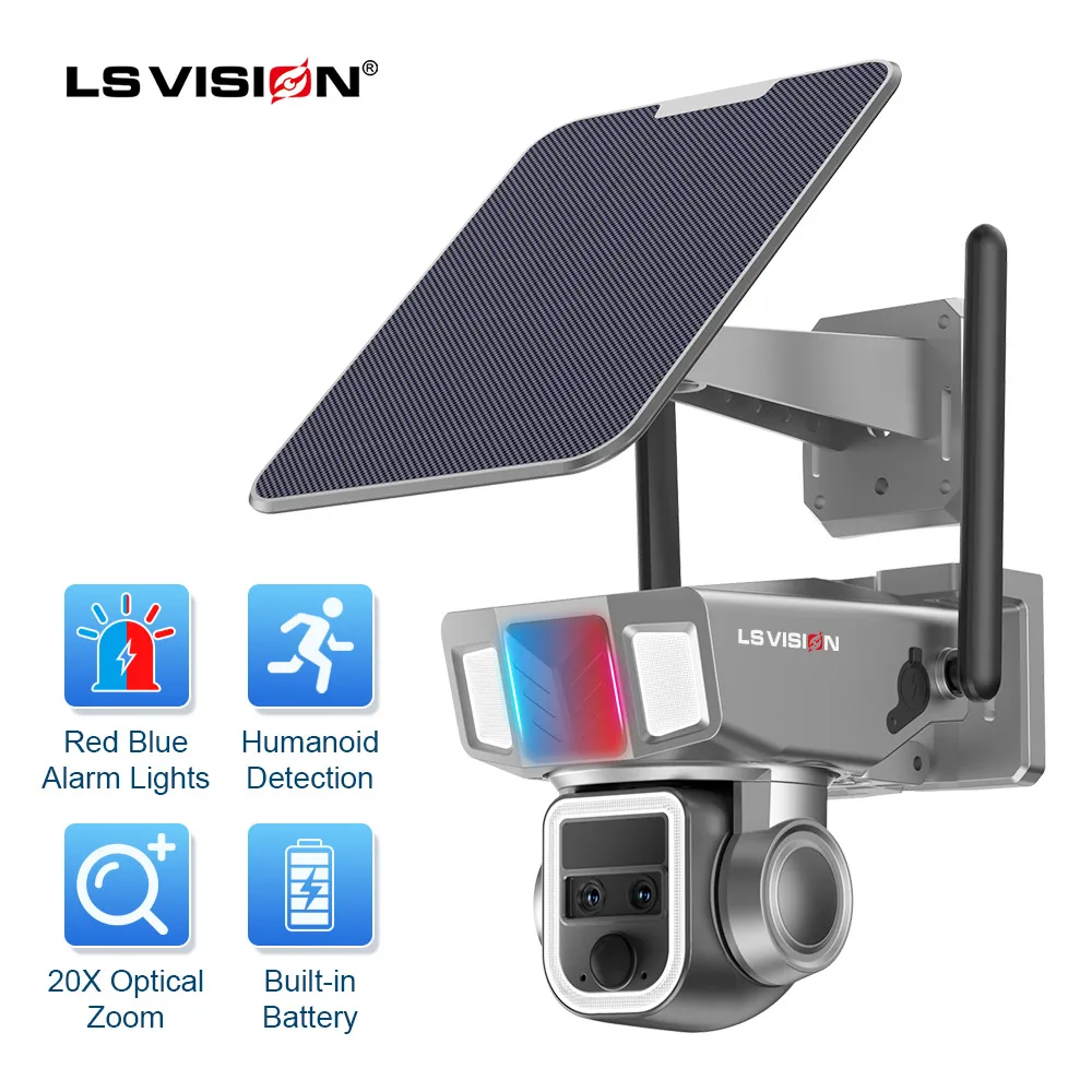 LS VISION 6MP Waterproof Outdoor PTZ Camera Dual screen 20X Zoom Laser Floodlight Solar Panel Battery Wifi 4G 4G Solar Panel