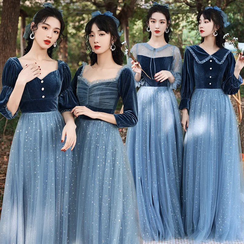 Bridesmaid dress for autumn and winter new starry sky bule sister group long evening dress performance dress  AG2592