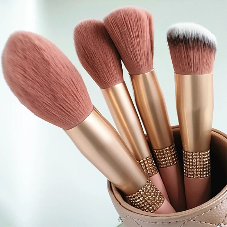 Diamond 10pcs Barrel Human Hair Pink Eco Friendly Natural Crystal Rhinestone Bling Glitter Pink Private Label Makeup Brushes