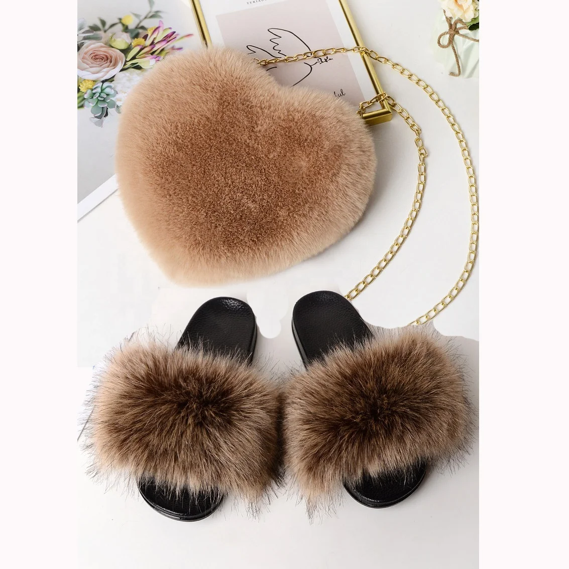 Girls Colorful Pink Faux Fur Heart Purse With Slides Match Set Furry Crossbody Fuzzy Bags Women Fur Heart Purses And Hand Bags