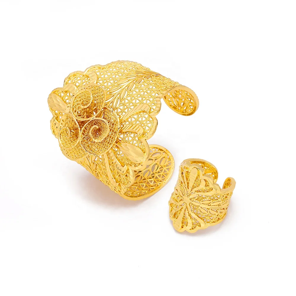 JXX hot sale 24k gold plated brass jewel elegant bridal jewellery sets indian wedding bangle and ring set