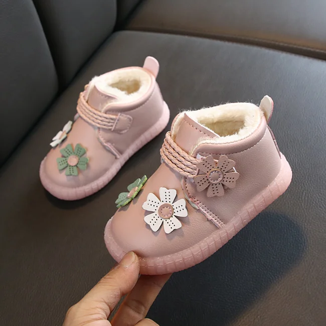 
KS1901 Nice flower appliqued baby warm winter shoes PU leather toddler girls shoes 