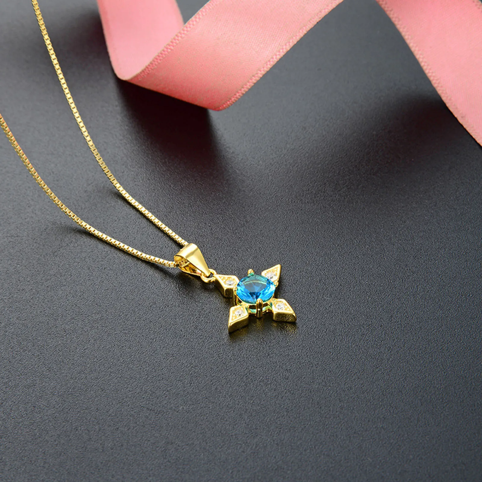 18K Gold Plated Womens Light Blue Zircons Arror Flower Design Pendant