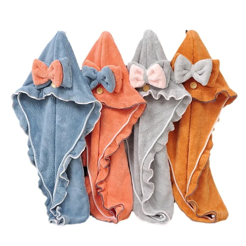 Custom Super Absorbent Microfiber Hair Turban Towel Wrap with Button And Bow Design for Curly Hair