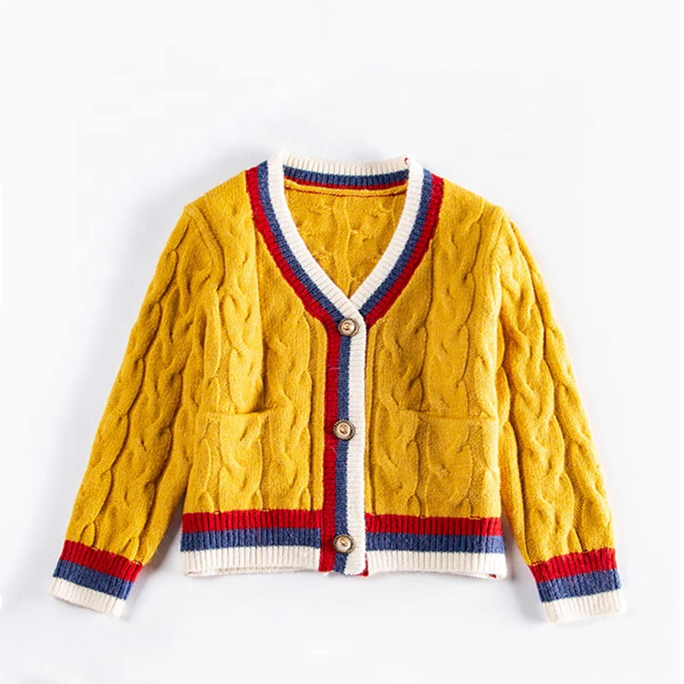 Органический вязаный свитер с V-образным вырезом на пуговицах для младенцев полосатый вязаный свитер для маленьких девочек с карманами