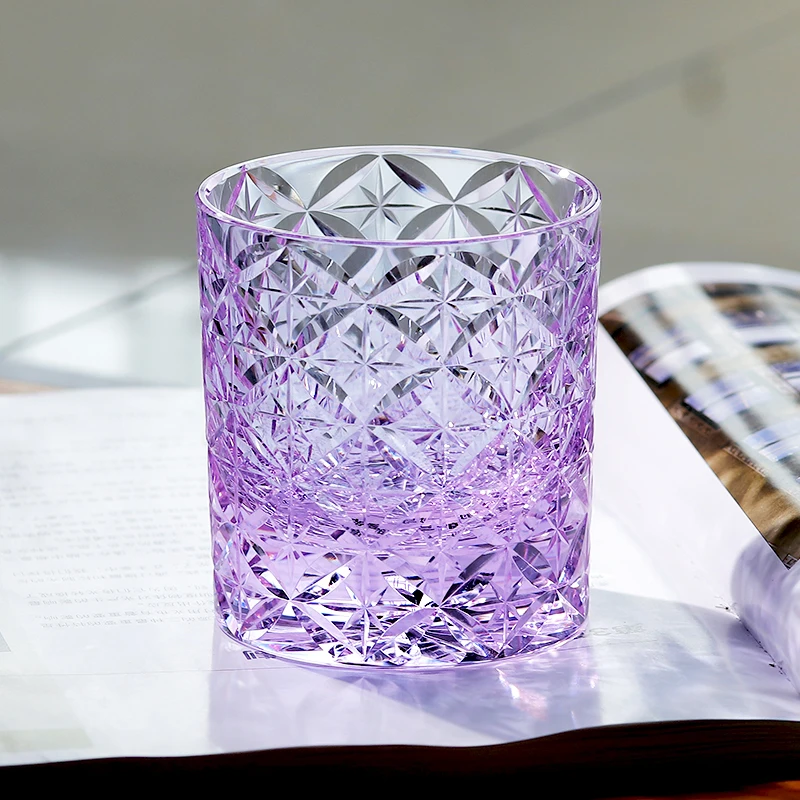220ml Light Violet K9 Crystal Glass Whiskey Tumbler Engraved Star Pattern Rocks Glass Edo Kiriko Circle Mesh Cocktail Glass Cup
