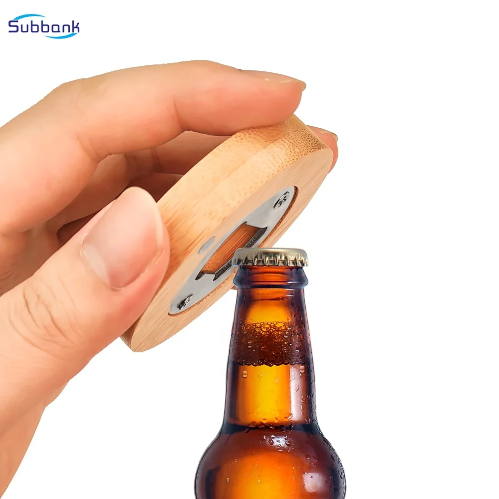 Subbank Custom Logo Round Wooden Bamboo Beer Bottle Opener Fridge Magnet Sublimation Blank Bottle Openers