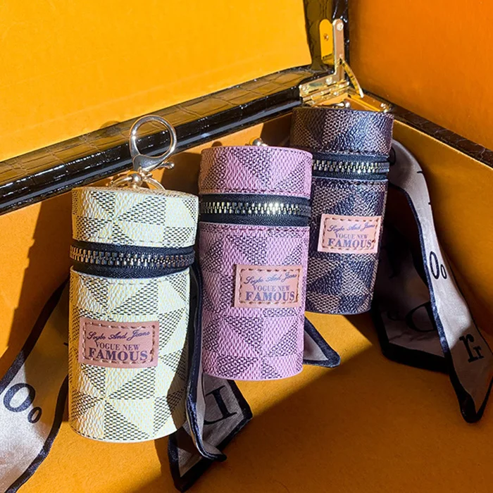 Luxury Fashion Women Mini Leather Lipstick Bag Keychain Custom leather bucket lipstick bag keychain