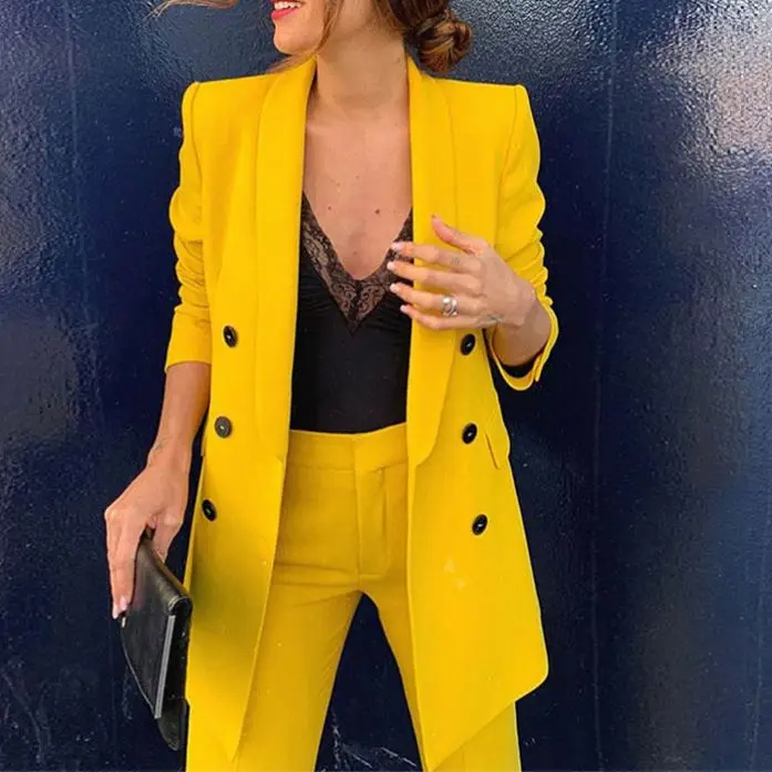 
Office ladies working suits custom made blazer women yellow triple breasted ladies business suit 2020 