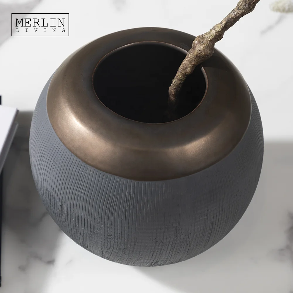  Медная металлическая глазурованная керамика ваза для бутонов текстурированная Геометрическая круглая сферическая с шариком стола гостиной гостиницы