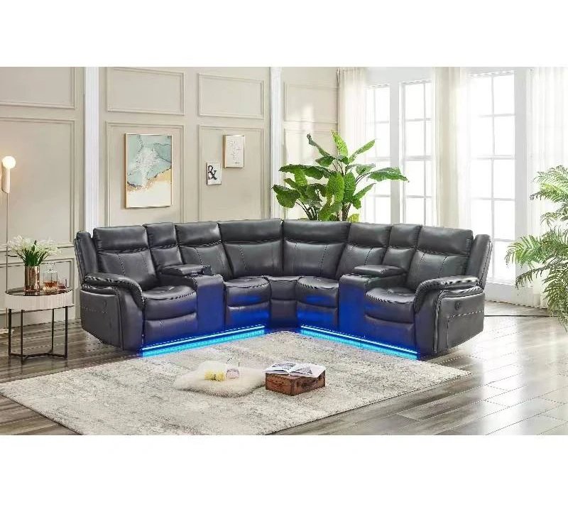 Modern Leather Power Recliner Sofa Living Room Furniture Sofa Set Luxury L-Shaped Recliner Sofa with LED Light