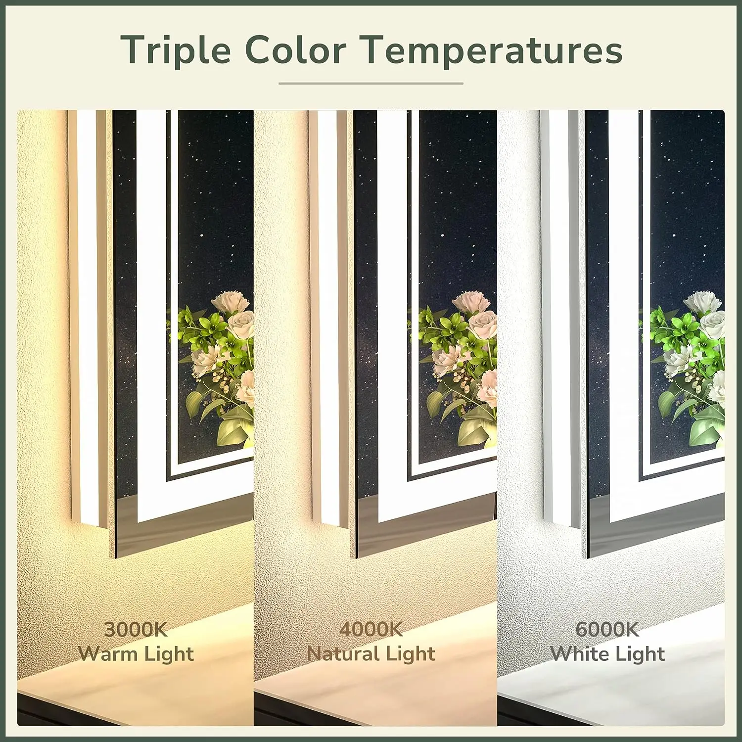 Factory smart mirror large size led bathroom mirror with lights anti-fog 3 colors makeup mirror