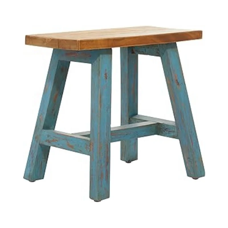 Premium Quality Simple Contemporary Design Distressed Brown Blue Rectangular Solid Wood Stool