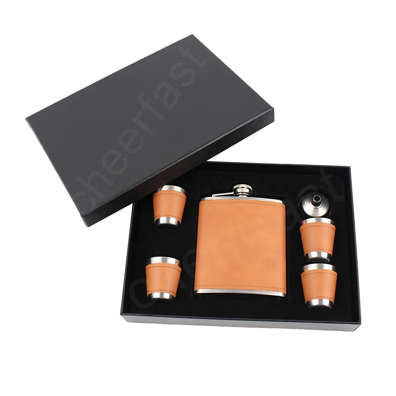 Smaller Moq Funnel And Cups Included 6oz 7oz 8oz Pu Leather Hip Flask Gift Set With Funnel