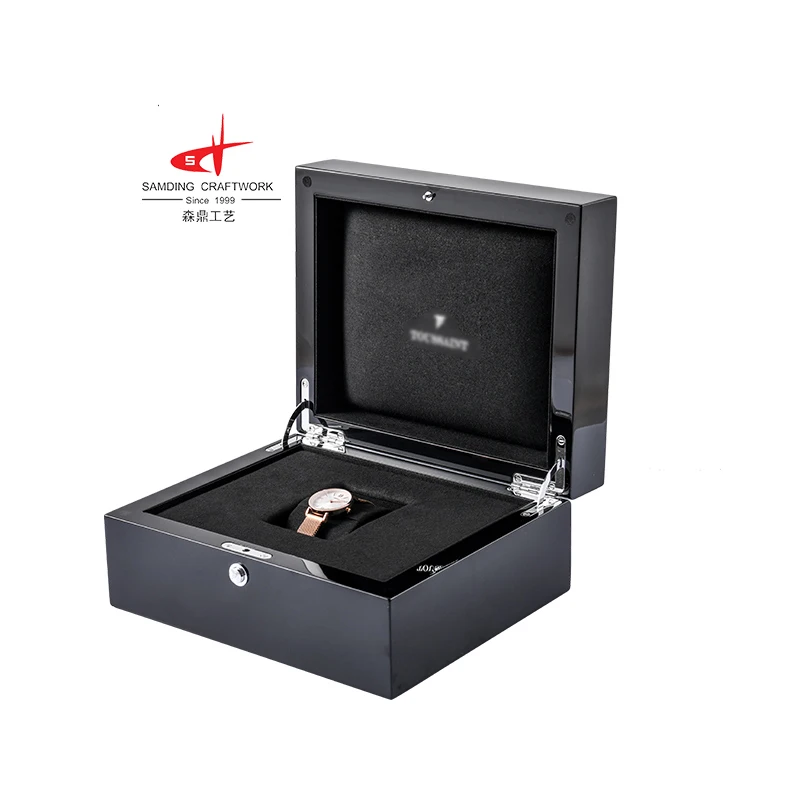 Wholesale Luxury Custom Logo Gift Packaging Display Storage Wood Watch Box With Black Piano Lacquer Glossy Finish For Men Women