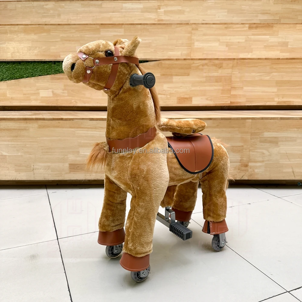 Cute hot sale light brown color mechanical horse with wheels toddler toys animals riding ride on animals for kids