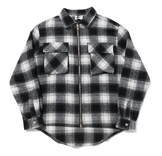 New Style Zipper-up Plaid Stand Neck Thick Winter Warm Windproof Young Men Flannel Jacket With Pocket