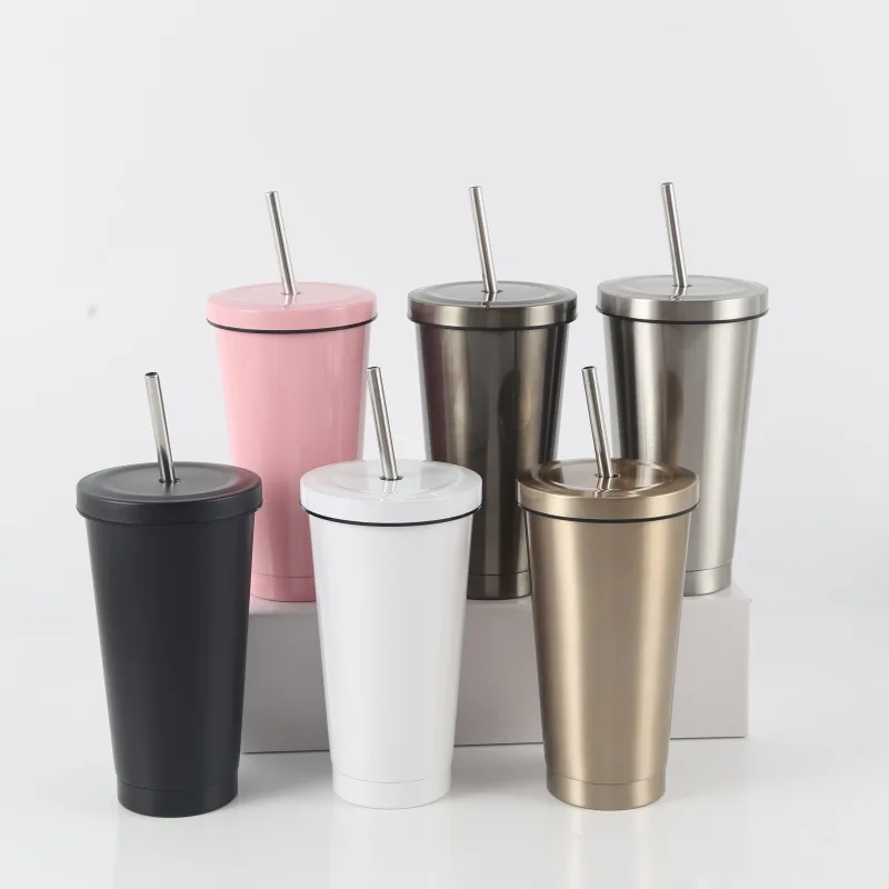500ml Juice Coffee Cup Drinking Tumblers Portable Mugs Stainless Steel Straw Cup