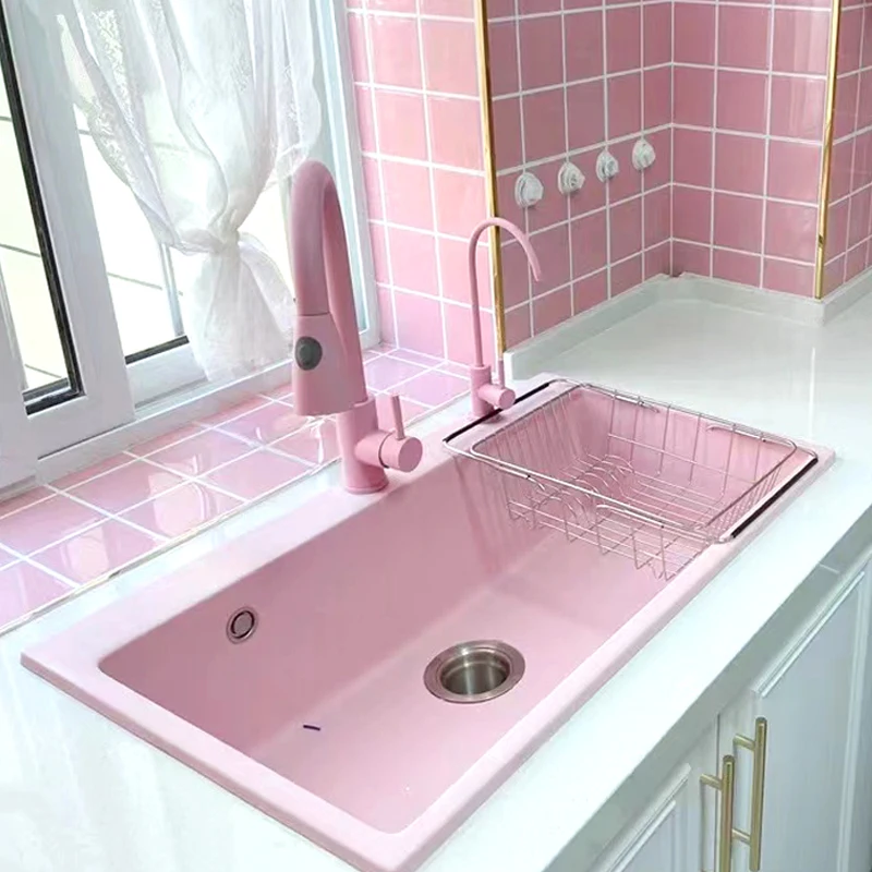 Kitchen Sinks Pink Granite Quartz Kitchen Wash Basin Sink With Cup Washer