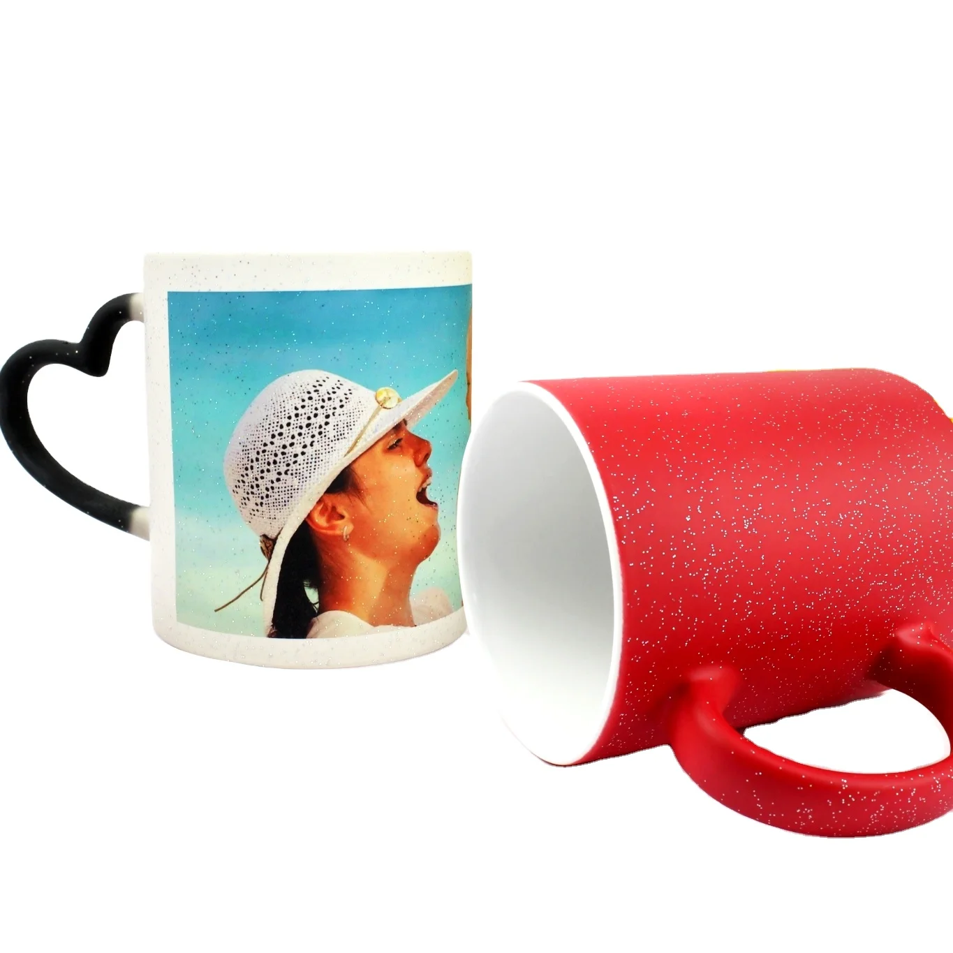 2021 trend  Sublimation Ceramic changing color mug heat sensitive glitter mug with heart handle and gift box custom logo