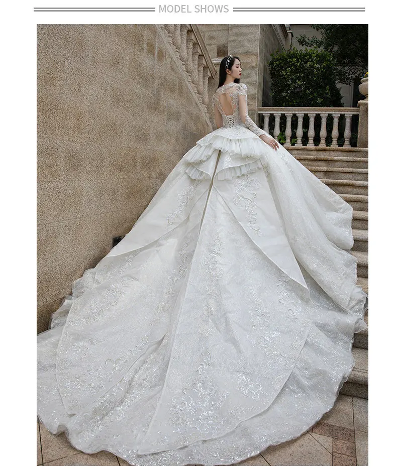 Heavy industry wedding dress spring bride V-neck senior sense big tail engagement banquet net red style long-sleeved dress