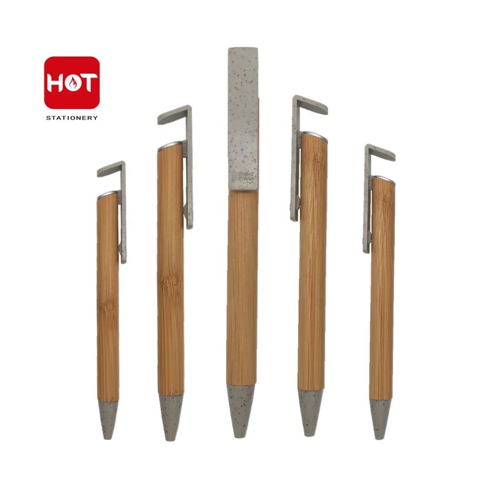 Custom LOGO promotional pen and phone stand ECO friendly bamboo wheat straw pen with phone holder support