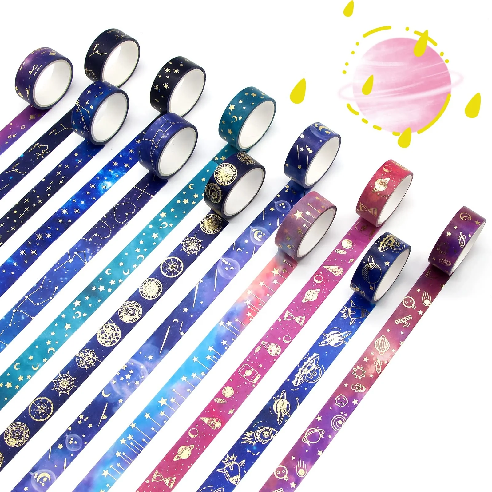 Washi Tape Set - Gold Foil Galaxy Decorative Masking Tape Constellation, Stars, Celestial, Adhesive Tape