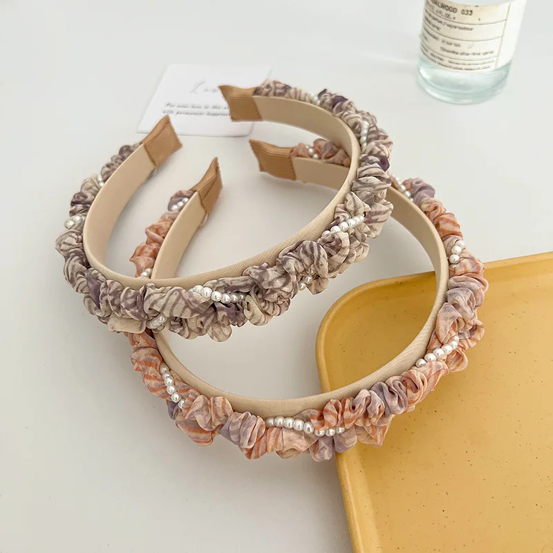 CLARMER Summer new design sweet mix color pearl twine women hair accessory handmade custom pleated headband