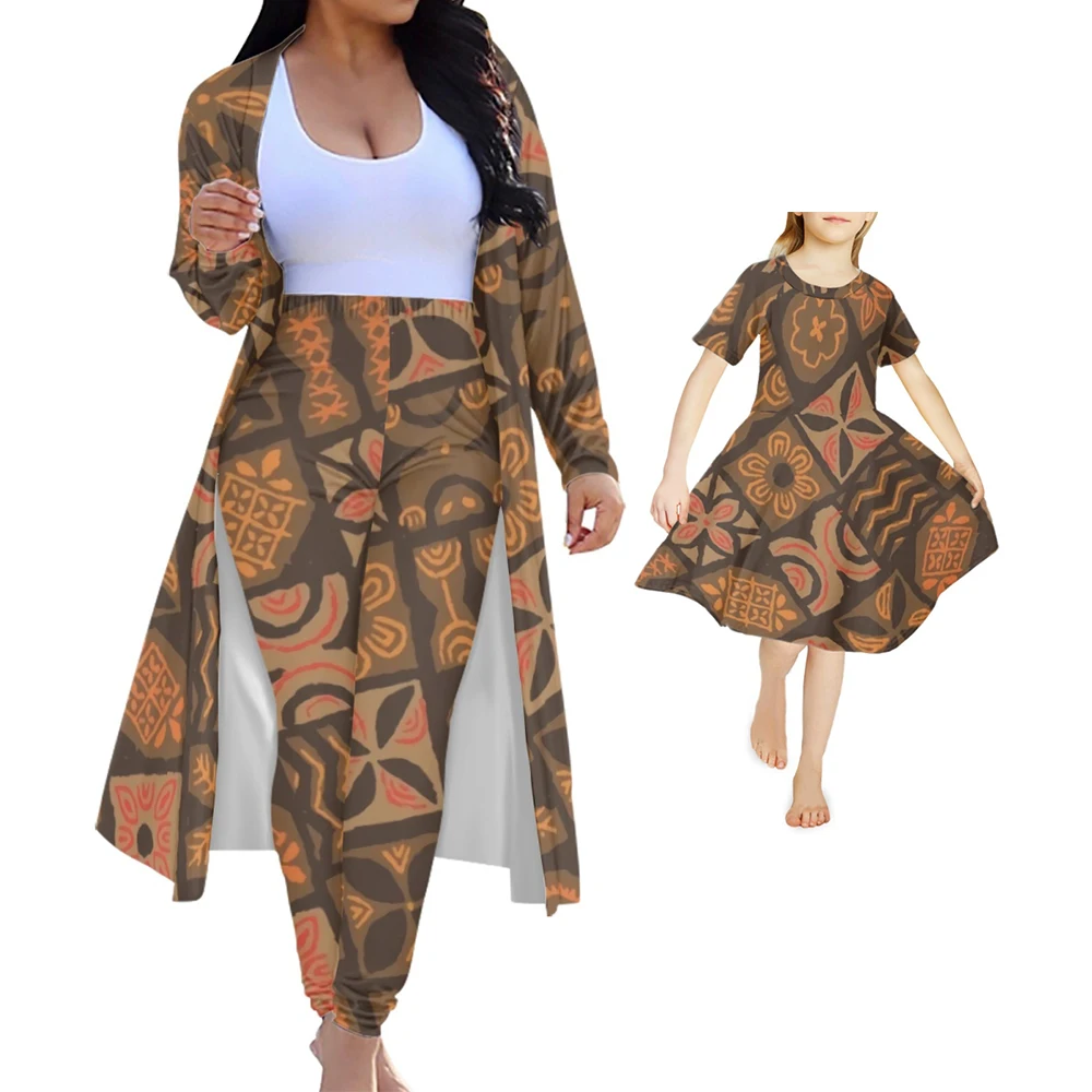 Tapa Hawaiian pattern design cardigan coat plus size pants bodycon lady Matching Flower Tiki Outfit Clothing Daughter dress