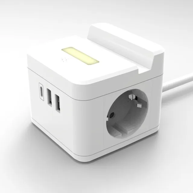 OEM EU Standard Cube Power Strip with USB Port type C Socket with 1.5M Extension Cord with phone holder function switch control