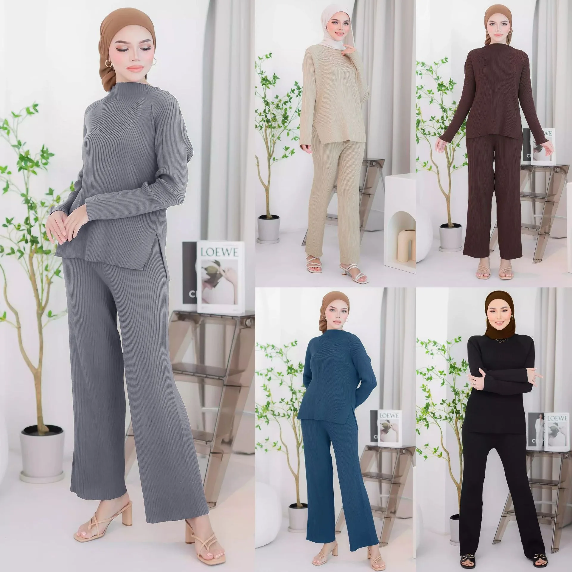 Autumn Winter Women Casual Islamic Clothing Knit Suit Middle Eastern Malaysia Indonesia Jilb Abaya Muslim Dress 2 Pieces
