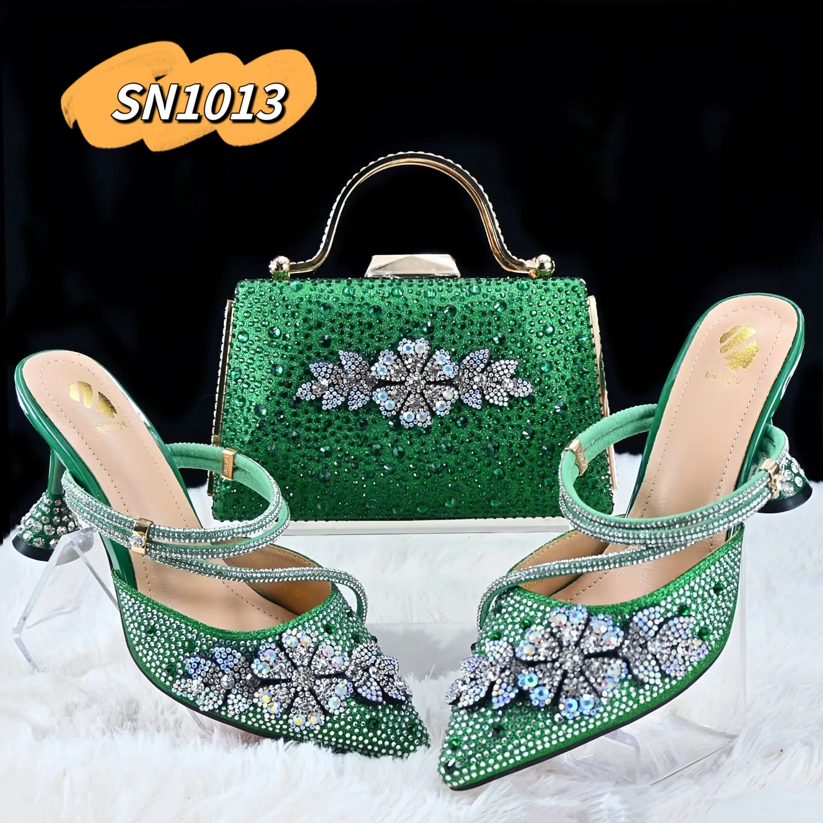 2025 Rhinestone Evening Matching Shoe and Bag Set Orange Matching Clutch Bag Woman Nigeria