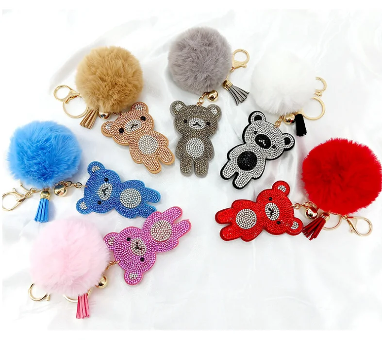 High Quality Leather Strap Car Key Chain Strass Rhinestone Bling Teddy Bear Keychain For Bag