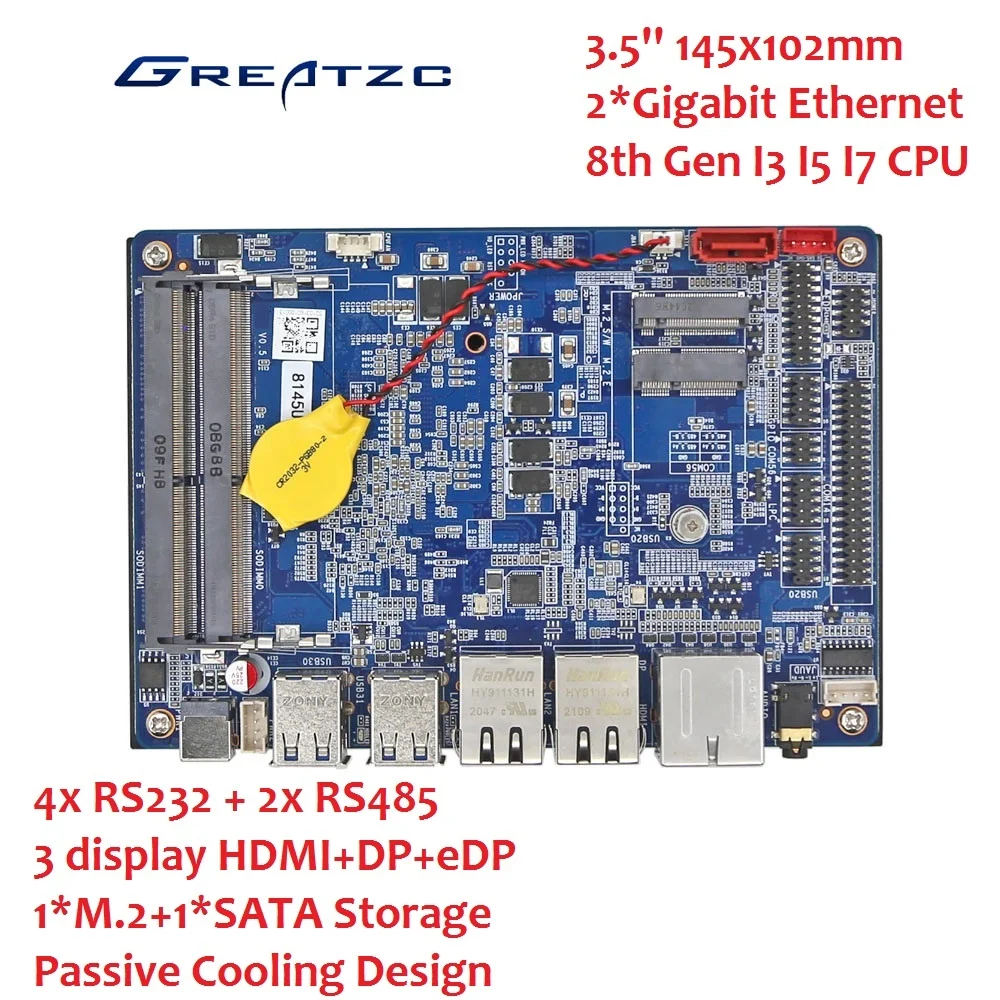 2 Ethernet Passive Cooling Intel 8th Gen Whiskey Lake-U CPU Based 4 RS232 + 2 RS485 Industrial Mainboard 3.5 inch