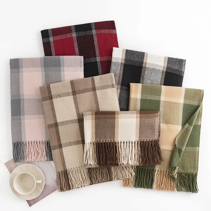 New Designer Warm Soft Pashmina Neck Scarves Shawl Blanket Ladies Plaid Tassel Cashmere Winter Scarf for Women