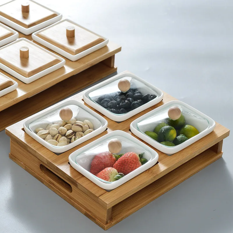 
Whole Sale Nordic Style Fashionable 6 Compartment Dry Fruit Ceramic Tray With Wood Shelf 