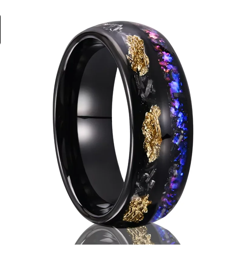 New Jewelry Men Ring Black Tungsten Ring for Men Jewelry Black tungsten Bands Inlay Gold Leaf and Meteorite Aquamarine Opal Ring