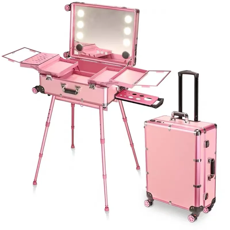 Folding Makeup case Adjustable Stand Legs Heavy Duty Suitcase Led Light Mirror Cosmetic Rolling 4 Wheels Trolley Makeup Case