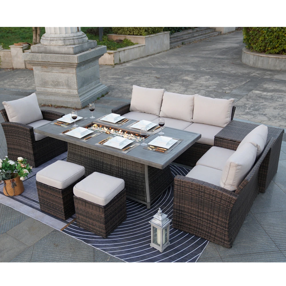 Garden Dinning Set Wicker Outdoor Furniture Dining Set With Firepit Outdoor villa family dinner tables and chairs