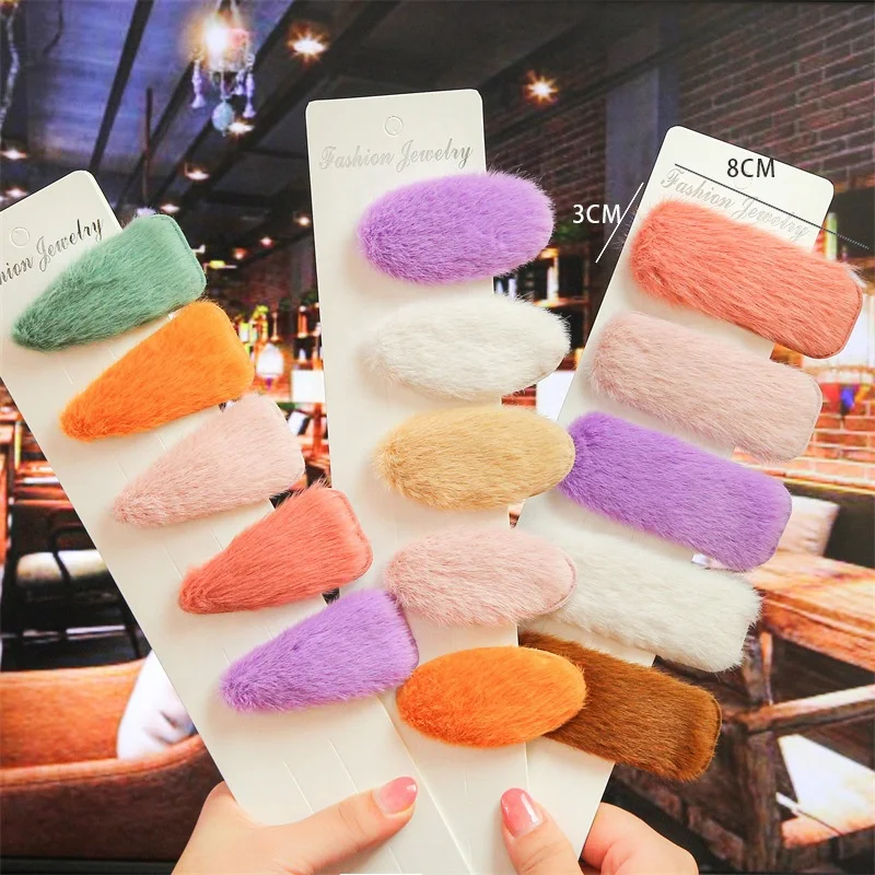 
2021 Winter Wool Bb Clip Sweet Color Fabric Plush Hair Pins For Girls 