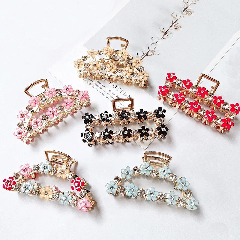 Korean Flower Rhinestone Metal Ponytail Geometry Hair Claw Clip