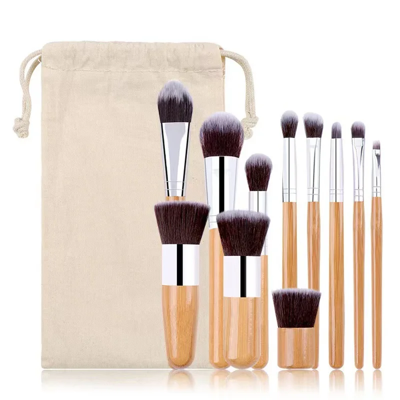 11pcs Portable Travel Natural Bamboo Handle Professional Makeup Brush Set with Environmental Protection Drawstring Hemp Bag