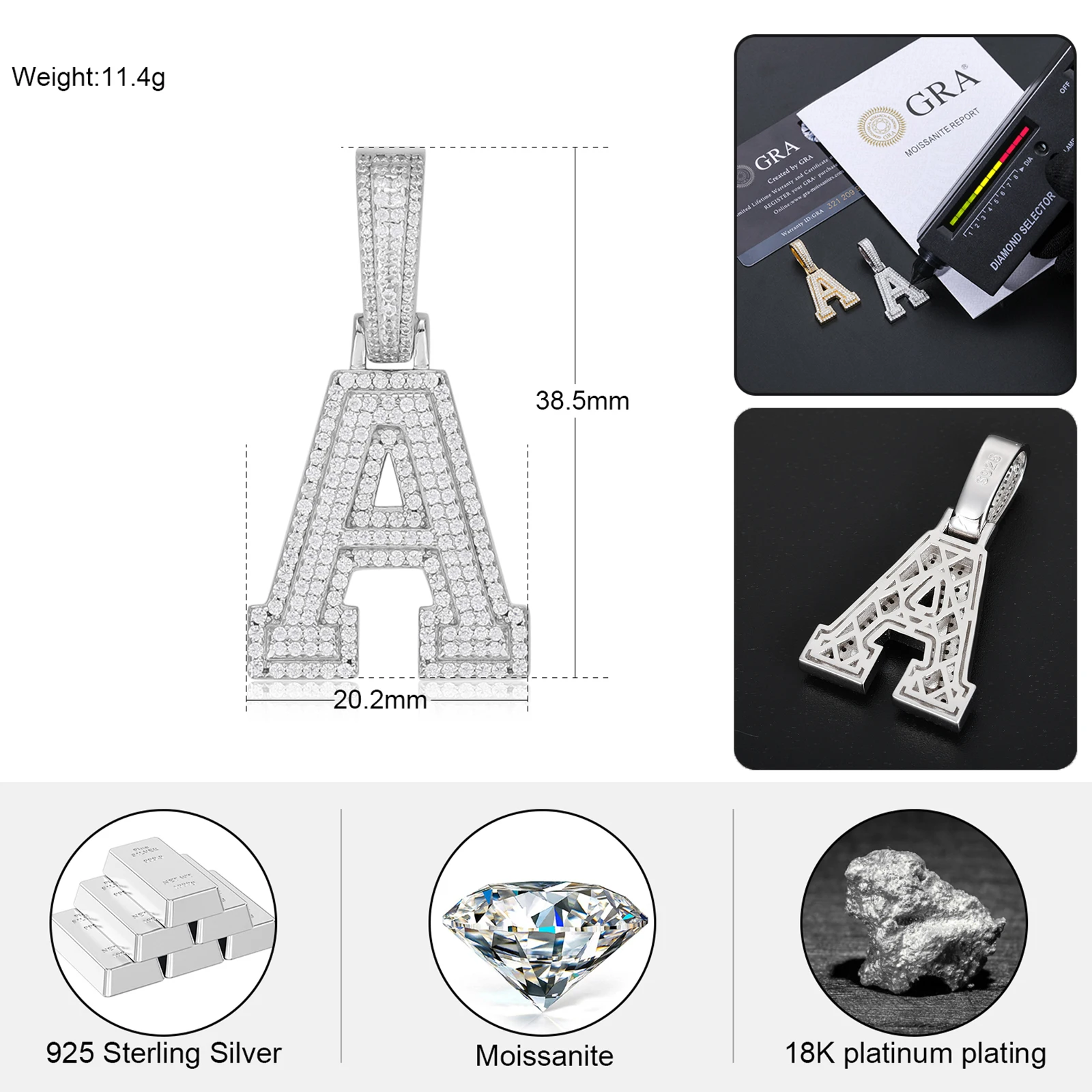 Wholesale Pass Diamond Tester Moissanite A-Z Initial Pendant 925 Sterling Silver Iced Out Jewelry Hip Hop Letter Pendant For Men