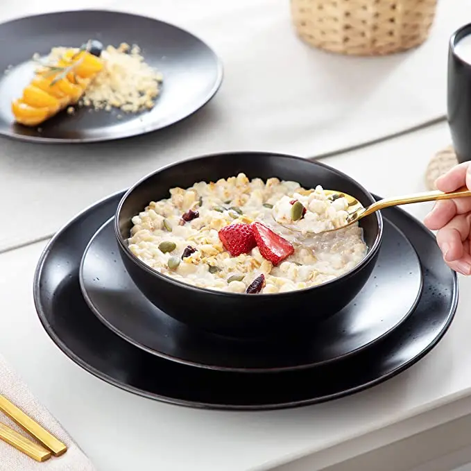 Soho Stoneware Square Dinner Set Black 16 Piece Kitchen Dinnerware Service Plate Crockery Set with 16 Pieces