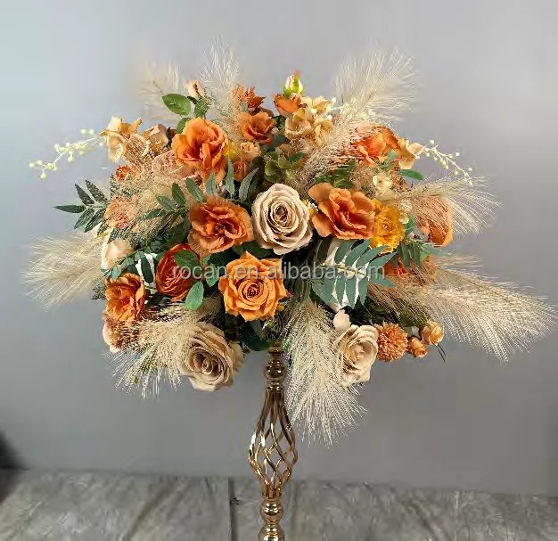 Party Centerpieces Orange Blush Pink Rose Eucalyptus Flower Garland Runner Silk Flower Ball Decorative Wedding