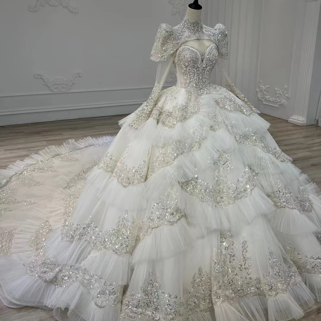 Gorgeous Shiny Wedding Dresses O Neck Brilliant Sequined Embroidery Tiered Lace Beading With Tailing Bridal Gown Luxury