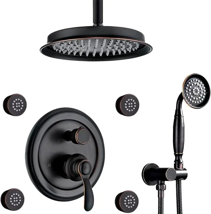 Brushed Antique Shower System with Jets: 9 inch Rain Faucet Sets Complete Wall Rainfall Head and Handheld Spray Fixtures Combo