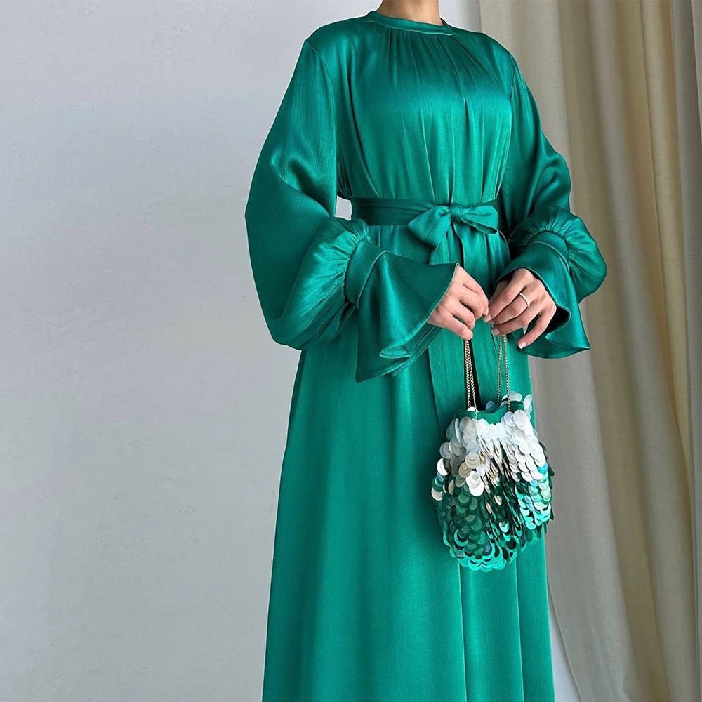2024 Latest Muslim Long Dress Arab Dubai Modest Solid Color Elegant Satin Abaya Dress Islamic Muslim Dress for women