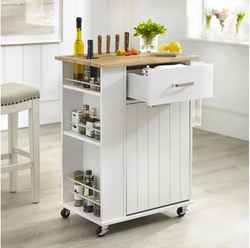 wooden kitchen serving trolley cart two-tone kitchen cart with casters and drop leaf